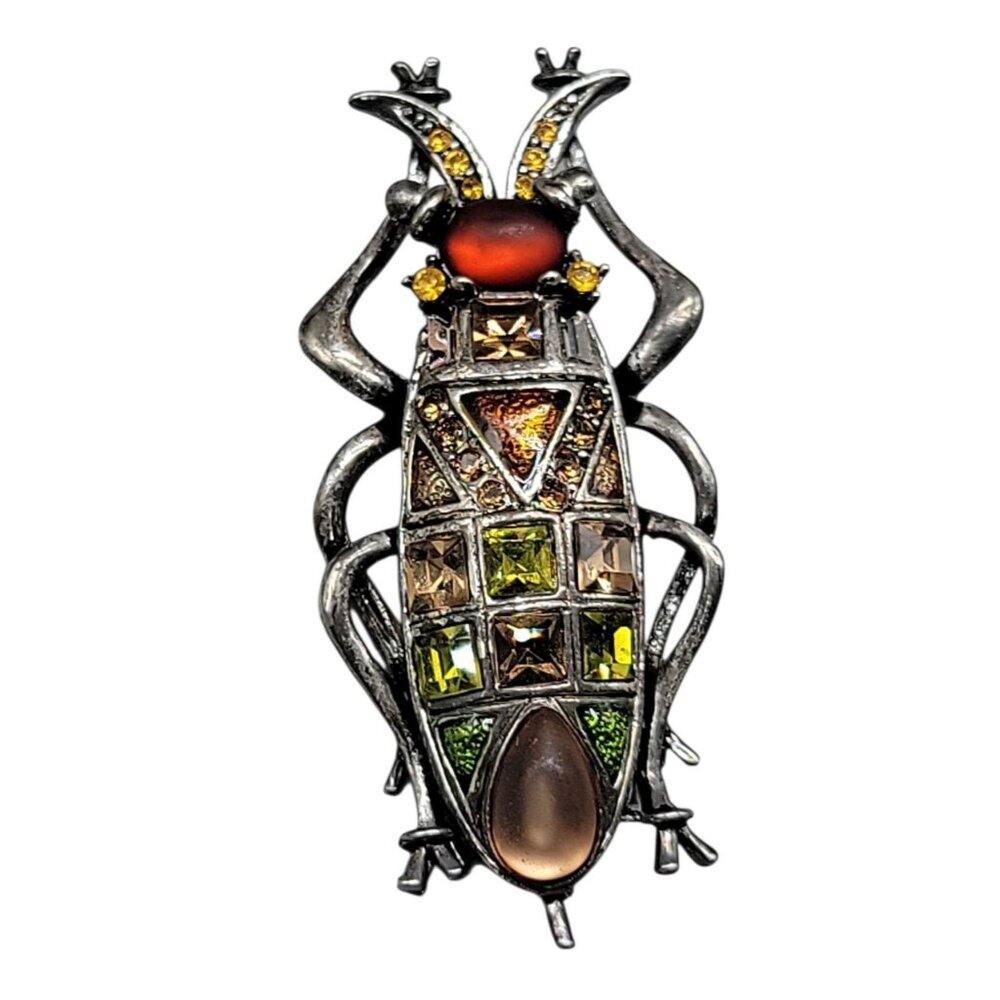 Beetle Brooch With Multicolor Frosted & Faceted Glass Stones Silver Tone Setting
